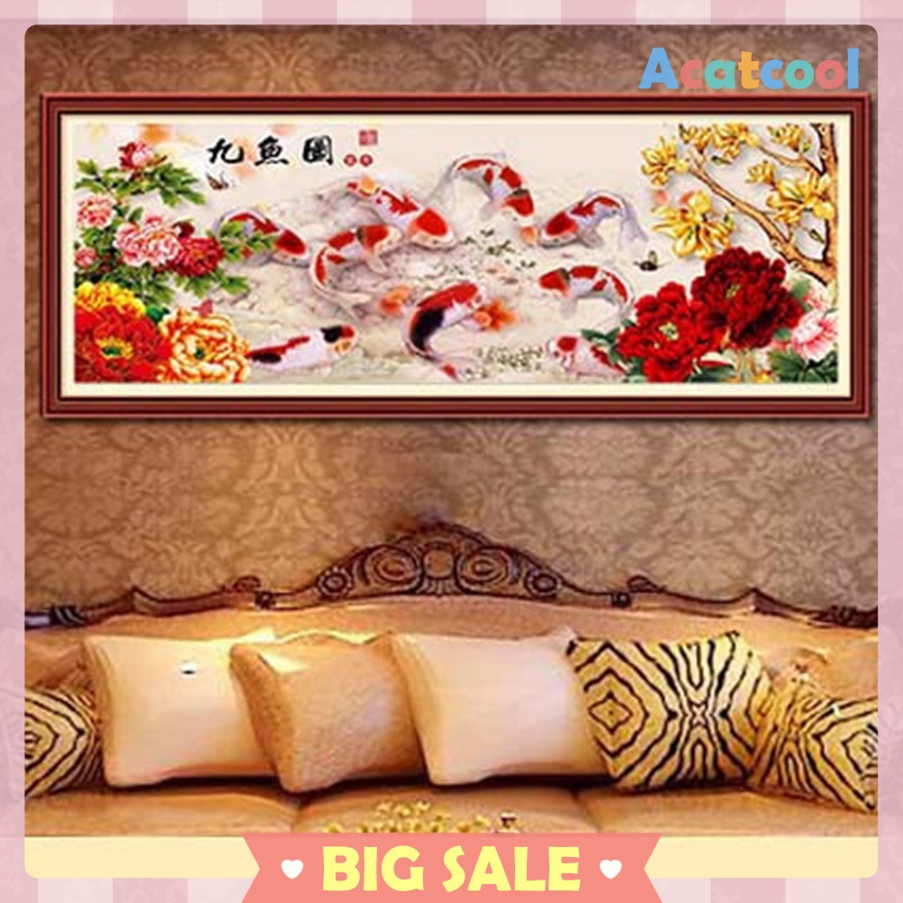 DIY 5D Peony Nine Fish Diamond Cross Stitch Kit Embroidery Home Decor