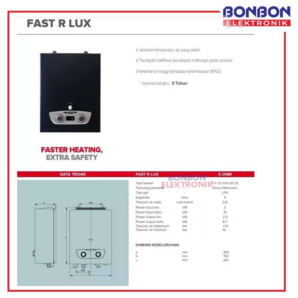 Ariston Water Heater Instant (Gas LPG) FAST R ONM 5 LUX / 5 Liter per menit