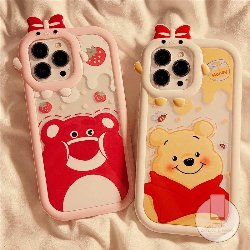 Soft Case TPU Glossy Anti Pecah Desain Beruang Strawberry Untuk IPhone 11 12 14 13 Pro MAX 6 6S 7 8 Plus XR X XS MAX SE