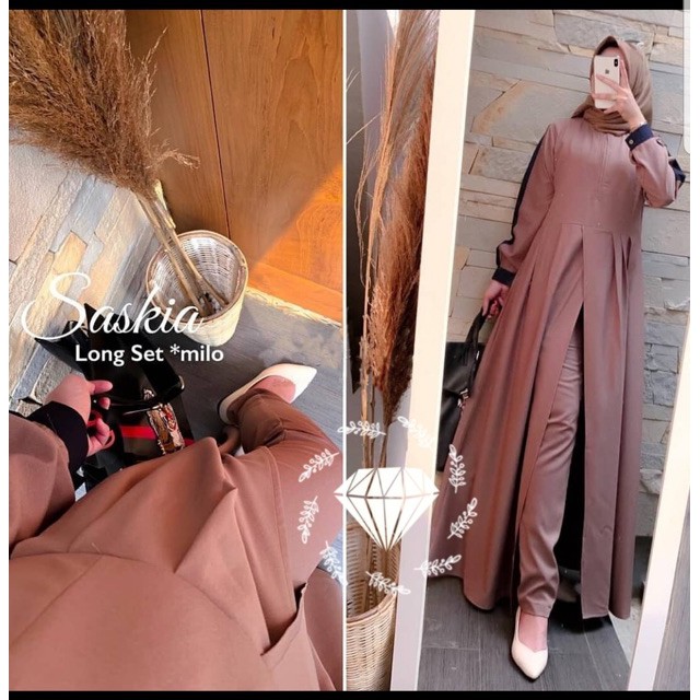 Ruairu SET LONG TUNIK SASKIA 2in1 TUNIK MOSCREPE CELANA 4 WARNA Murah