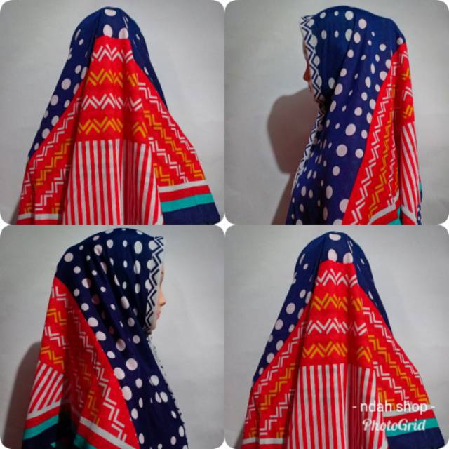 Kerudung segi empat kw deenay - motif bintang polkadot garis navy motif 2 in 1