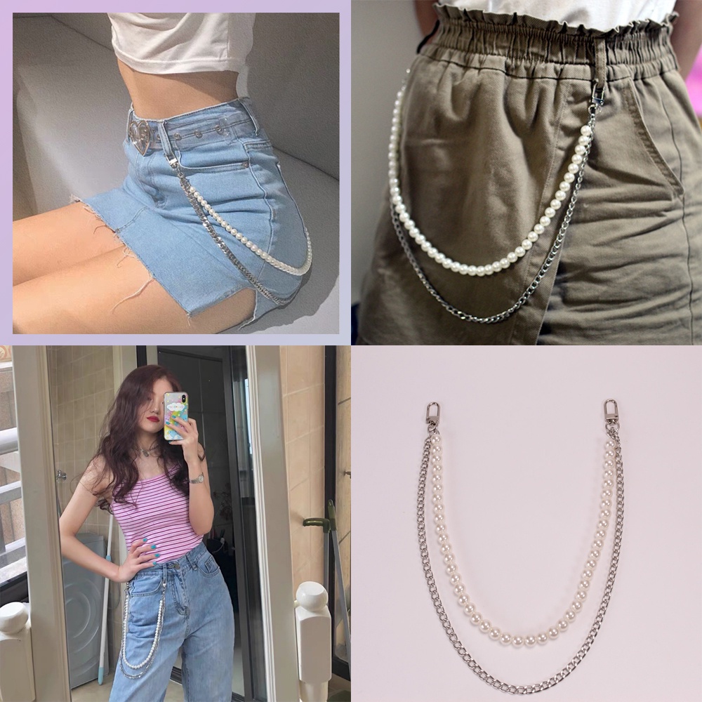 【COD Tangding】Punk Style Chain Pearl Double Trouser Chain Belt Multifunctional Fashion Versatile Student Skirt Chain