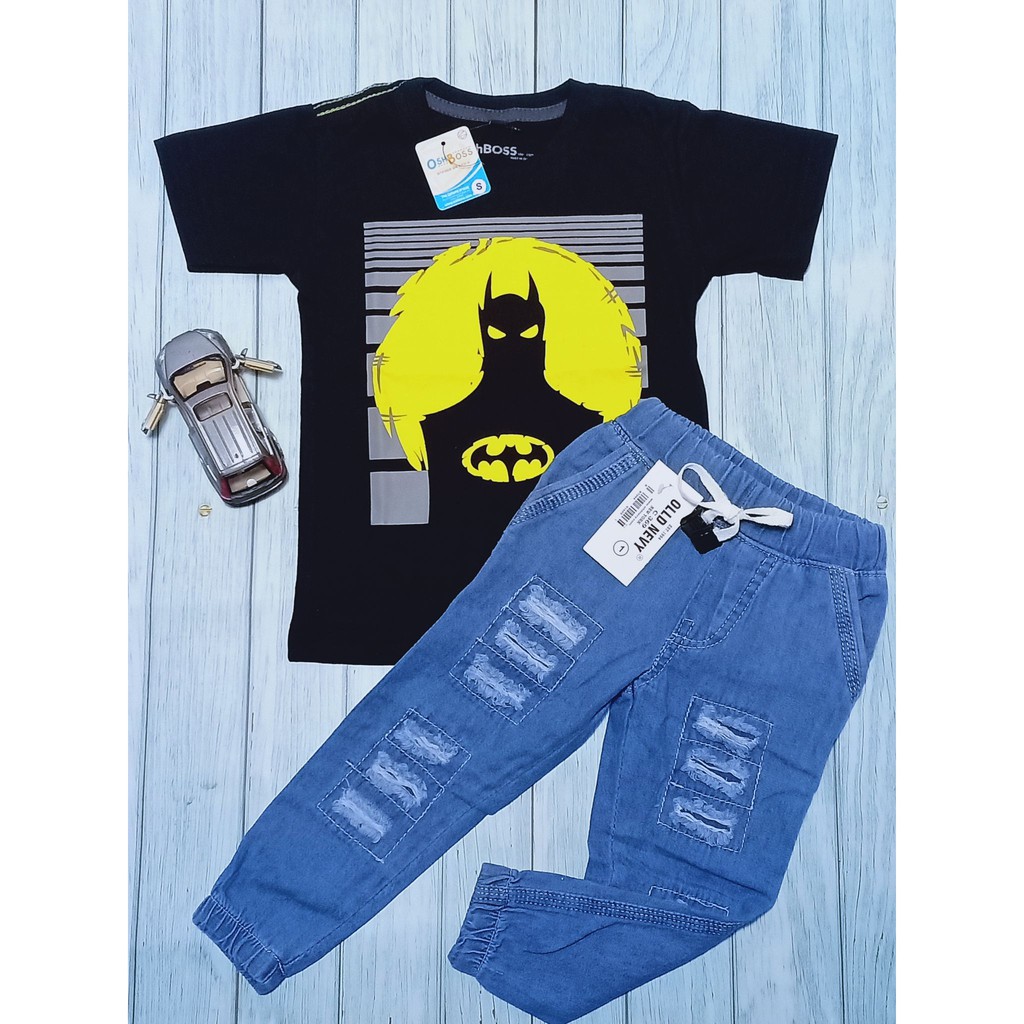COD BAJU STELAN ANAK LAKI LAKI KAOS ABADI DAN CELANA JEAN RIPPED USIA 1-10 THN BAGIAN 1-BATMAN HITAM