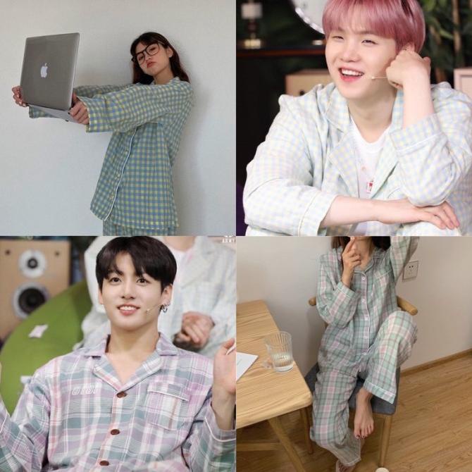 Setelan Piyama Import Wanita Set Baju Tidur Korea Kotak Lengan Panjang