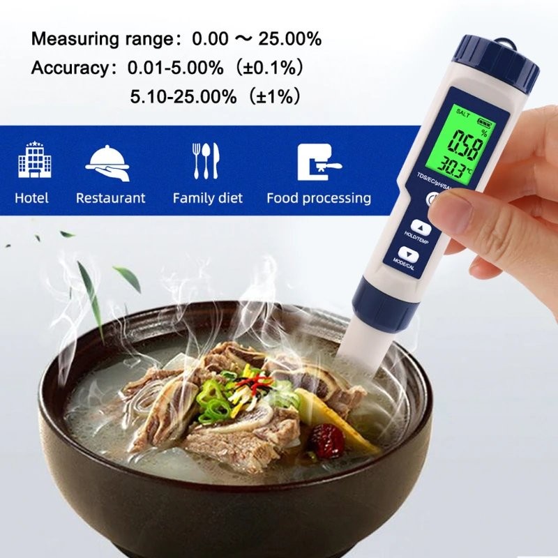 pH TDS EC Salinity Temperature Meter Tester Pen Waterproof 5in1 Digital Water Quality Tester EZ-9909SP