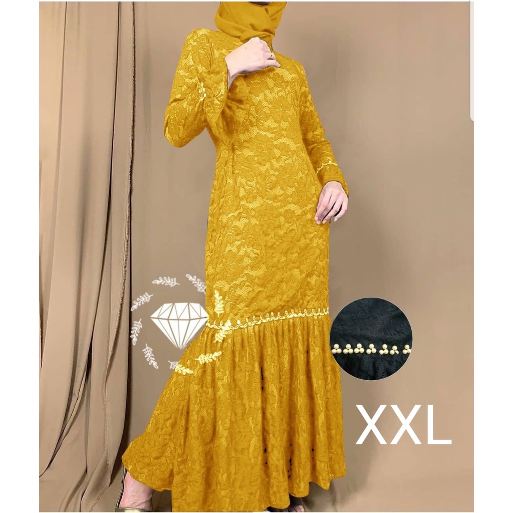 PCS MAXY NURHALIZA DUYUNG MUTIARA BRUKAT FASHION PAKAIAN WANITA DRESS GAMIS MAXI 5 UKURAN M L XL XXL 3XL MS ADA VIDEO REVIEW ASLI PRODUK-Mustard XXL