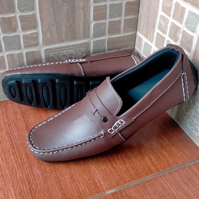 Enoz X Zola - Sepatu Casual Slip On Pria Kulit Asli Keren Slop Formal Kasual Pria Selop Cowok Laki Kekinian