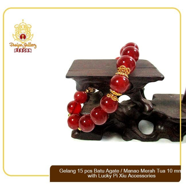 Gelang 15pcs Batu Agate / Manao Merah Tua 10 mm with Lucky Pi Xiu Accs