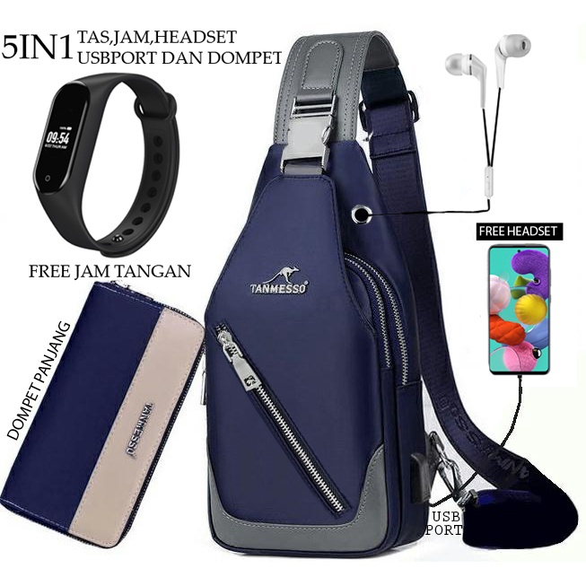 5IN1 TAS BONUS JAM &amp;DOMPET,USBPORT HEADSET -TAS SELEMPANG PRIA sling bag usb port