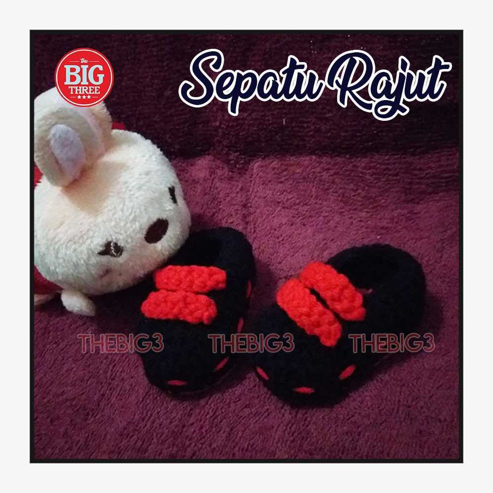 Sepatu Kaos Kaki Rajut Bayi Newborn Cowok Laki Laki - Black Red hitam merah Rajutan Handmade PO