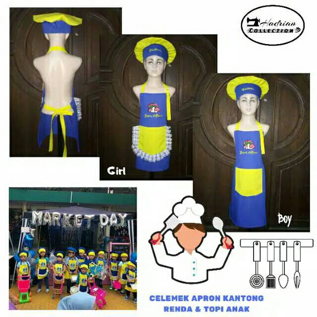 Celemek apron anak renda,Topi koki anak dan hand glove / cempal / sarung tangan anti panas