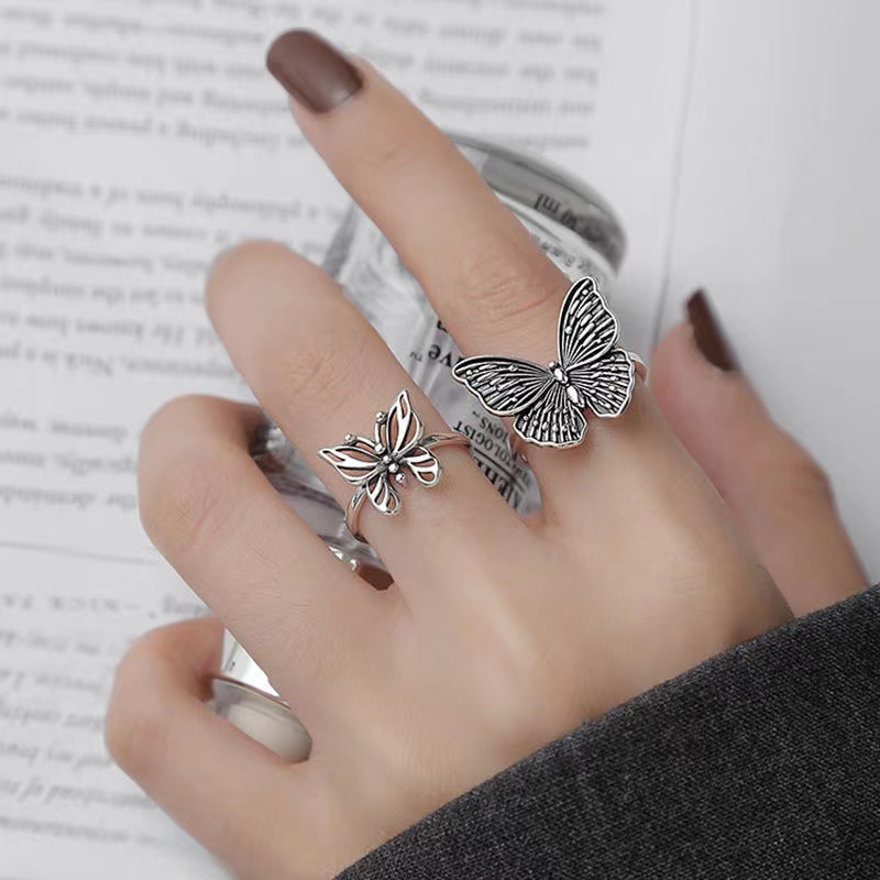 IFYOU 2pcs / set Cincin Model Butterfly Cutout Warna Silver Gaya Korea Untuk Wanita