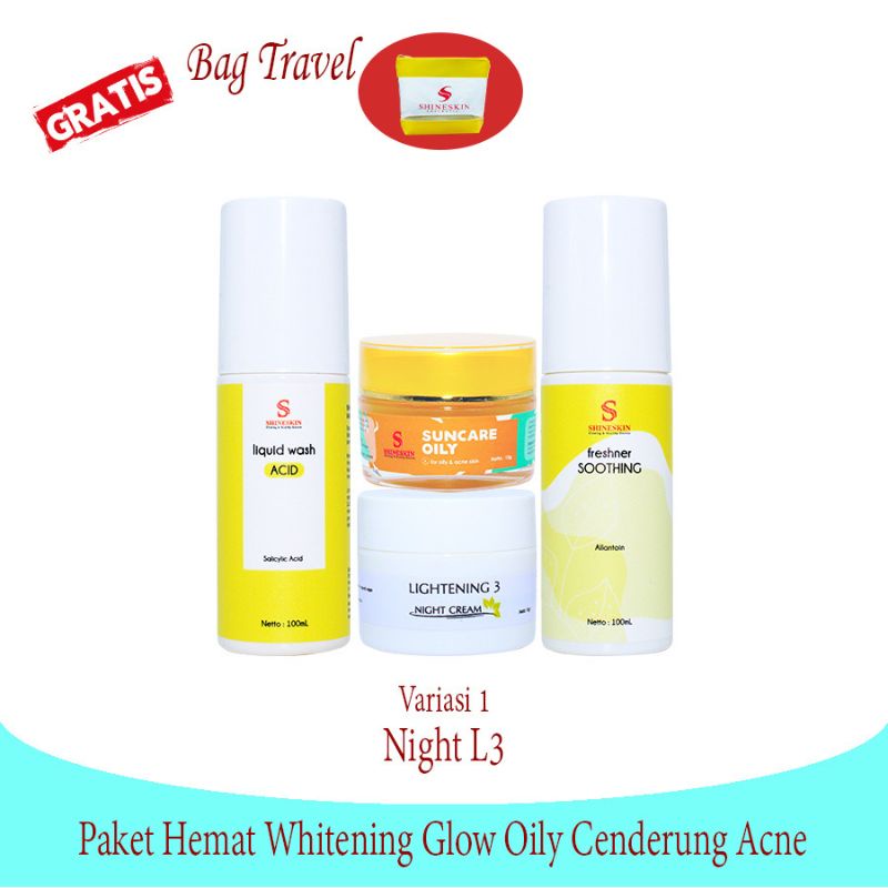 Shineskin Paket Hemat Whitening Glow Oily Cenderung Acne / kulit putih glowing / bekas jerawat