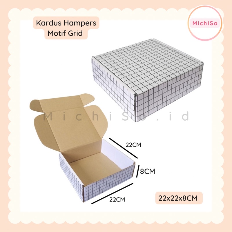 

kardus hampers grid 22x22x8cm | kardus die cut motif | box kado | box hampers | kardus eflute | packaging hampers - MichiSo.id