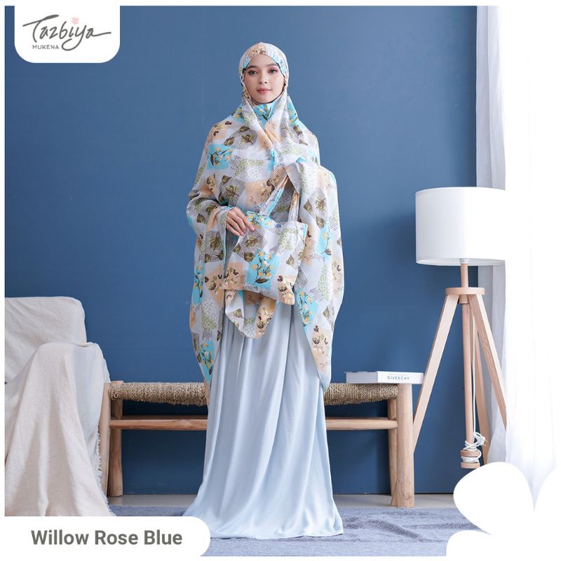 Mukena Tazbiya Willow Rose Pink Grey Jumbo Dewasa Katun Rayon Adem Motif Cantik Treveling