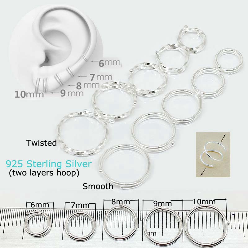 1piece Two Layers Hoop Earrings 925 Sterling Silver Tragus Lobe Helix Piercing Tinny 6-12mm Simple