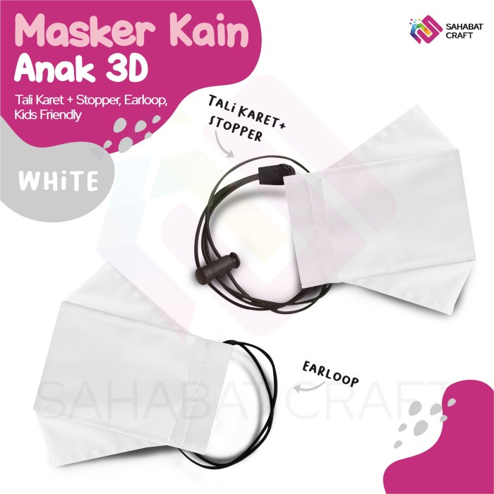 ahza  terlaris MASKER ANAK 3D KAIN POLOS + 1 SLOT FILTER + ADJUSTABLE STOPPER TALI KA - Putih, "S" E