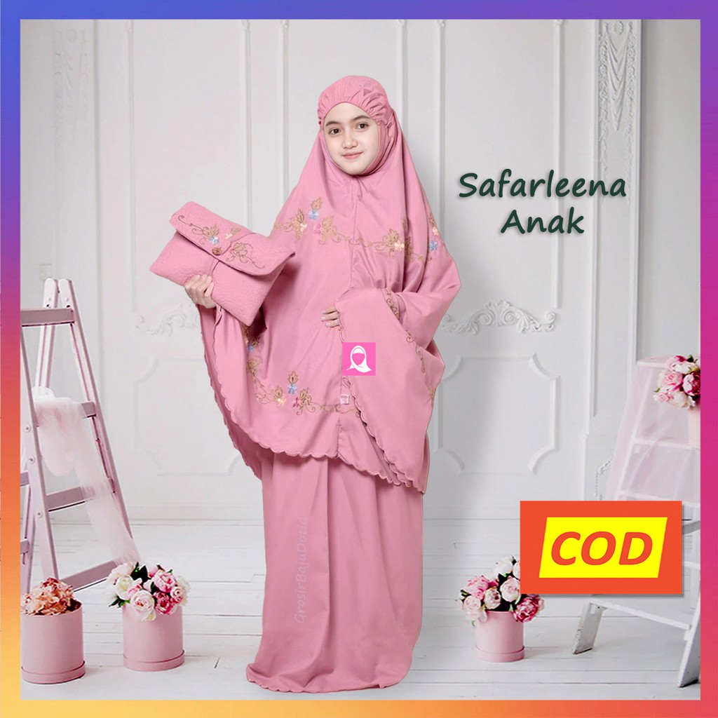 Mukena anak Safarleena Original Bordir Manual katun Viscose Premium travelling sajadah 8-12 tahun