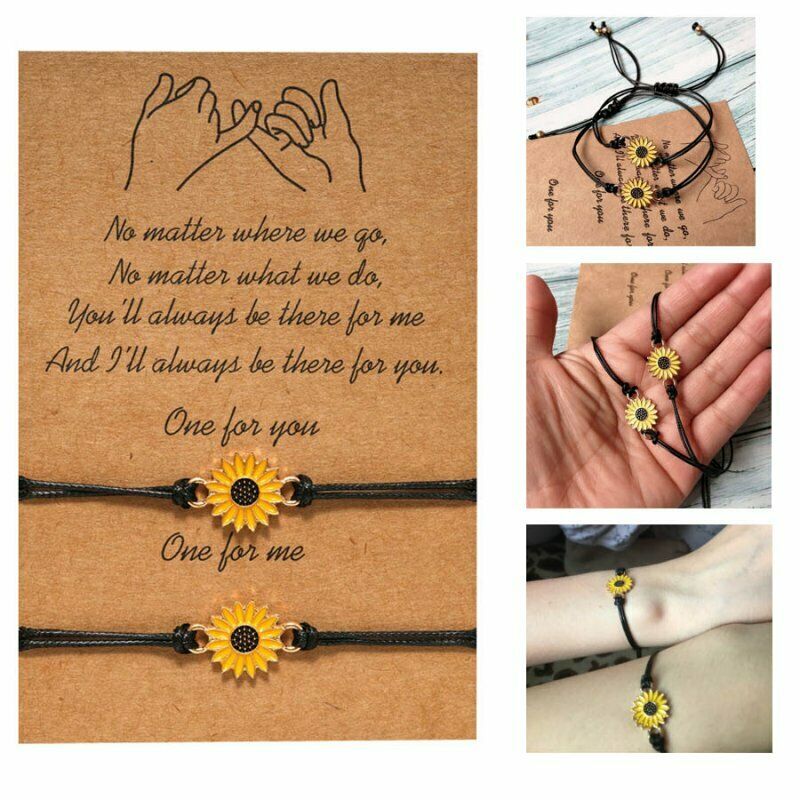 2pcs / set Gelang Persahabatan Desain Bunga Matahari Daisy Hati Dapat Disesuaikan Untuk Pasangan