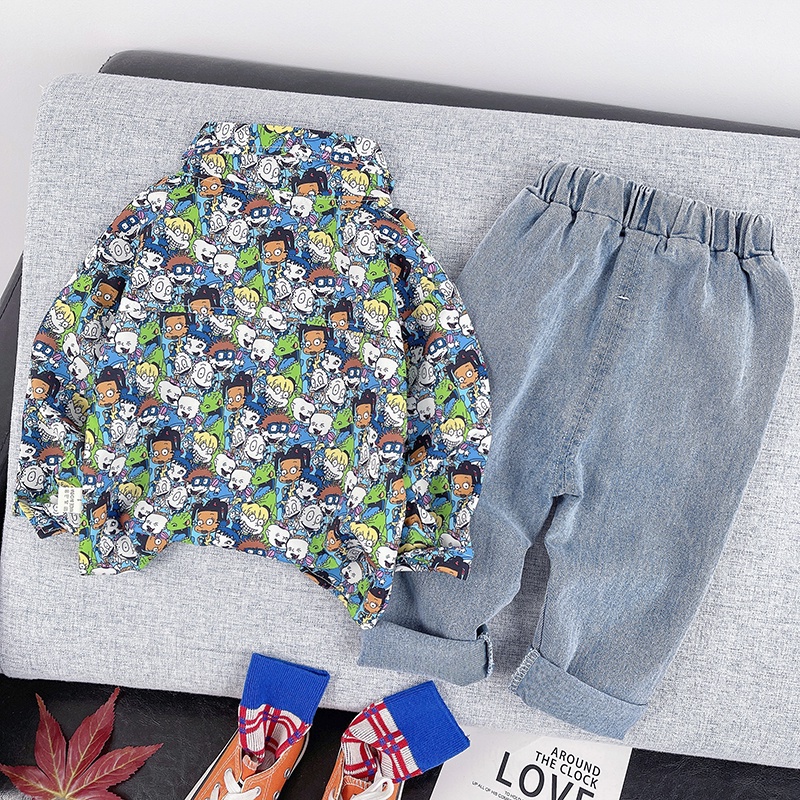  setelan kemeja anak laki laki import kemeja anak cowok impor motif karakter celana panjang denim fashion import grosir impor-3