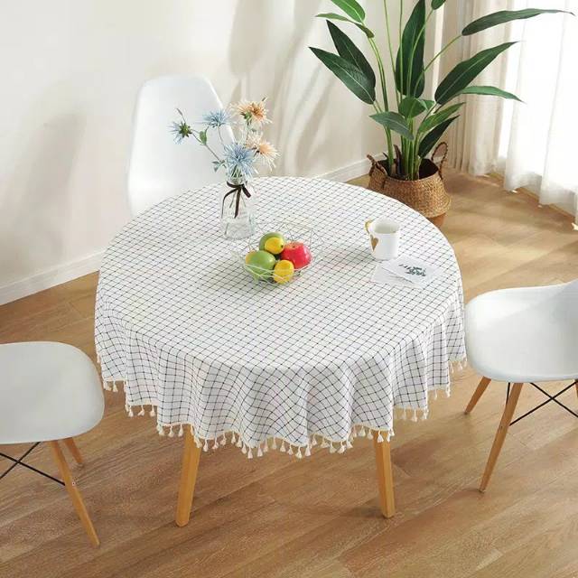 TAPLAK MEJA BULAT MOTIF KOTAK PUTIH BAHAN KATUN TAPLAK MEJA TAMU TALBE CLOTH TAPLAK MEJA MINIMALIS