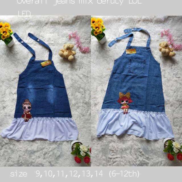 Overall jeans mix ceruty putih Anak LOL LED size 9-14 // 6-10th