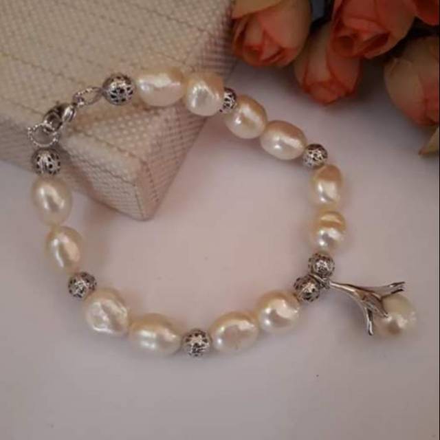 Gelang mutiara air tawar lombok asli rangka silver