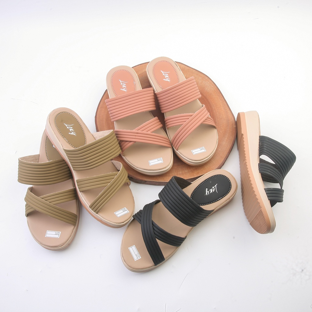 Lexy VEXANA Sandal Wanita Wedges Selop Kokop Motif Garis