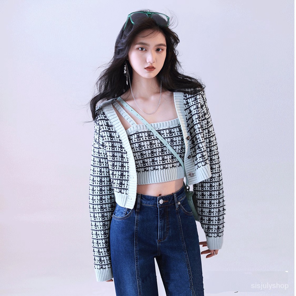 #Sisjuly# Pakaian Rajut Wanita Baru Kotak-kotak Pendek Lengan Panjang Rajutan Dua Potong Jaket Pakai