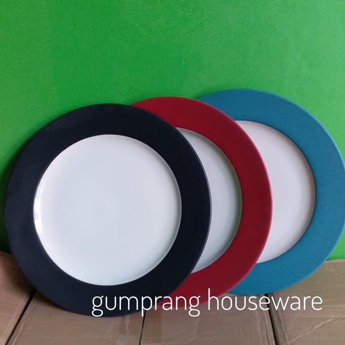 piring makan besar rim keramik merah hitam abu-abu noritake colorwave