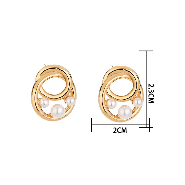 LRC Anting Tusuk Fashion Gold Color Geometric Round Pearl Earrings K78406