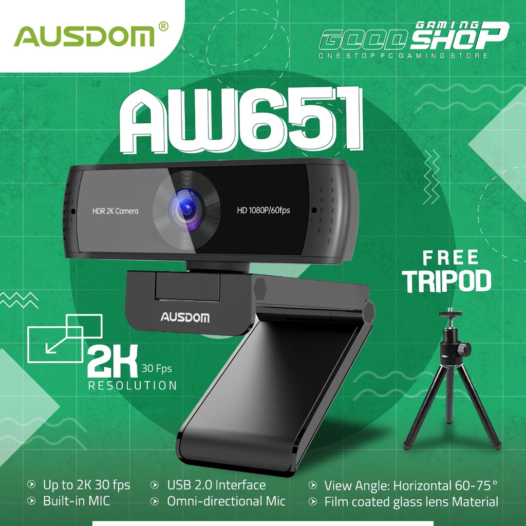 AUSDOM Webcam 2K 30FPS 1080P 60FPS Autofocus with Tripod - AW651