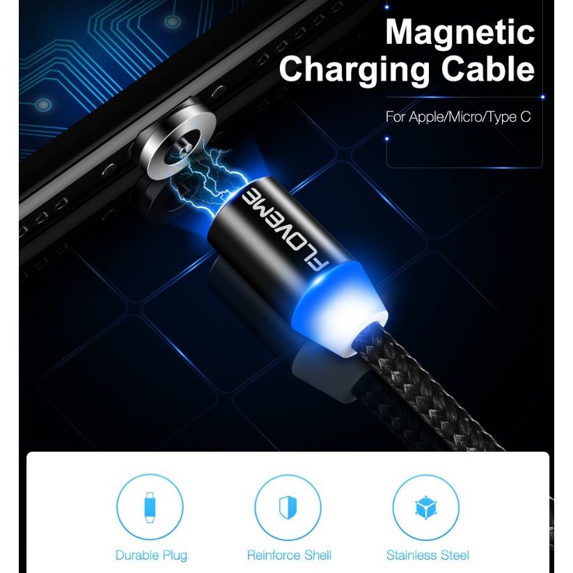FLOVEME LED Nylon Braided Magnetic MIcro USB Cable Fast Charging QC3.0