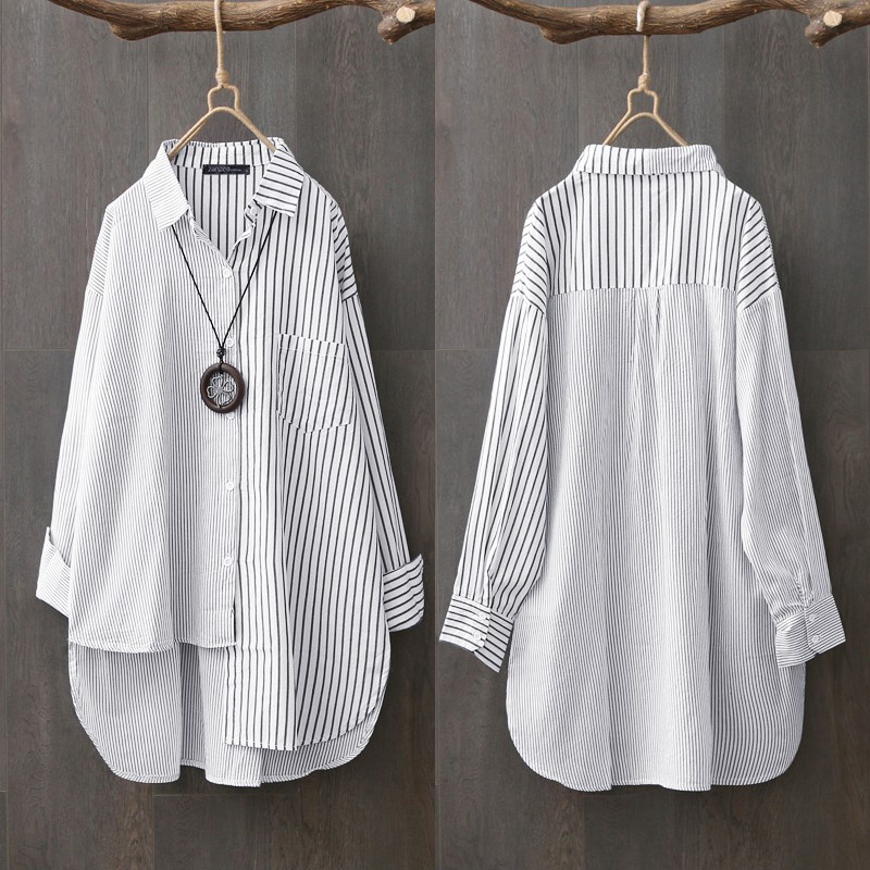 ZANZEA Women Buttons Down Patchwork Asymmetrical Stripe Lapel Blouse