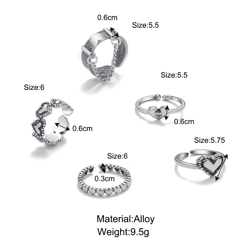 5pcs / Set Cincin Rantai Bentuk Hati Bahan Logam Warna Silver Gaya vintage Untuk Wanita