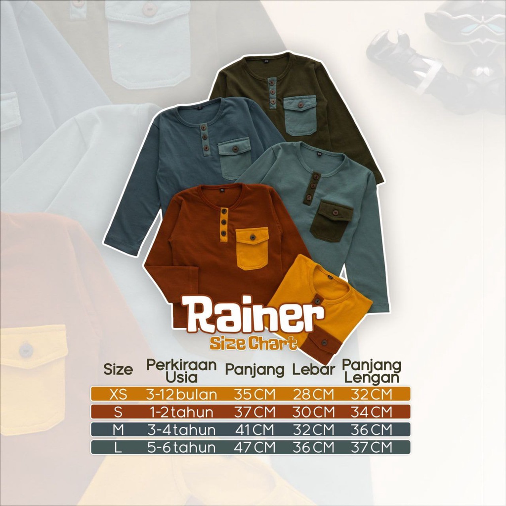 Nauree - Baju Kaos Anak Laki Laki Rainer Bahan Cotton Combed 24s Ukuran XS S M L Untuk Umur 12 3 4 5 6 Tahun Lengan Panjang Saku Warna Hijau Biru Coklat Tampil Modis Stylish Nyaman Tebal Kualitas Premium