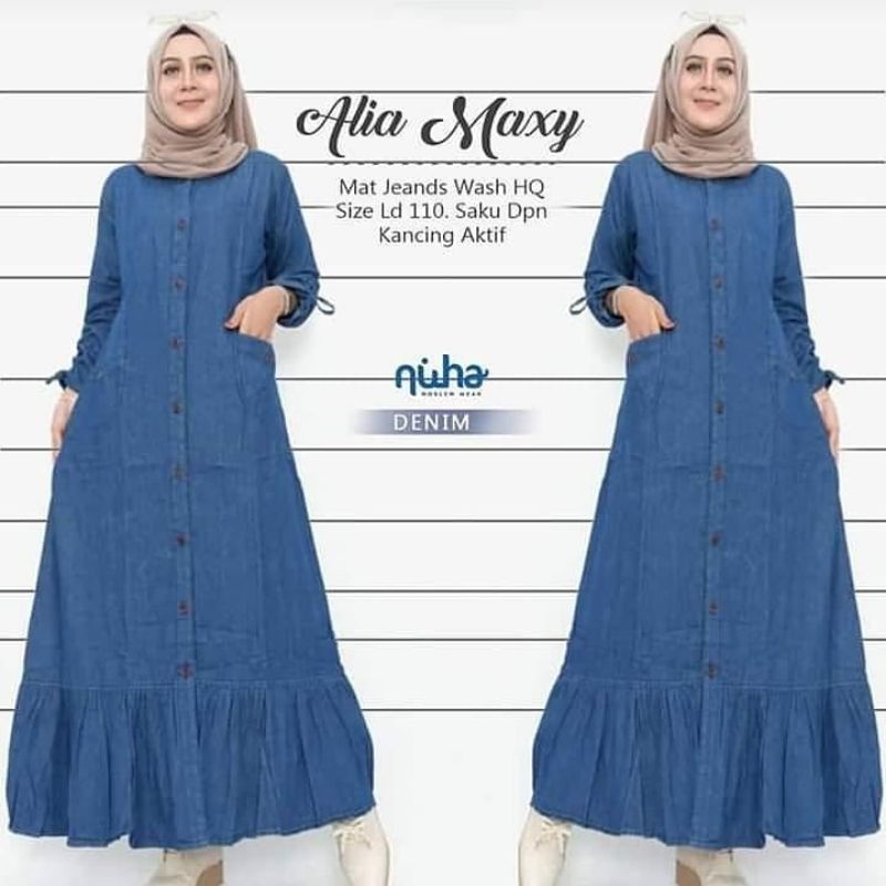 ALIA MAXY | DRESS JEANS WANITA LD 110 BUSUI FRIENDLY | GAMIS JEANS WANITA | GAMIS MUSLIM TERBARU