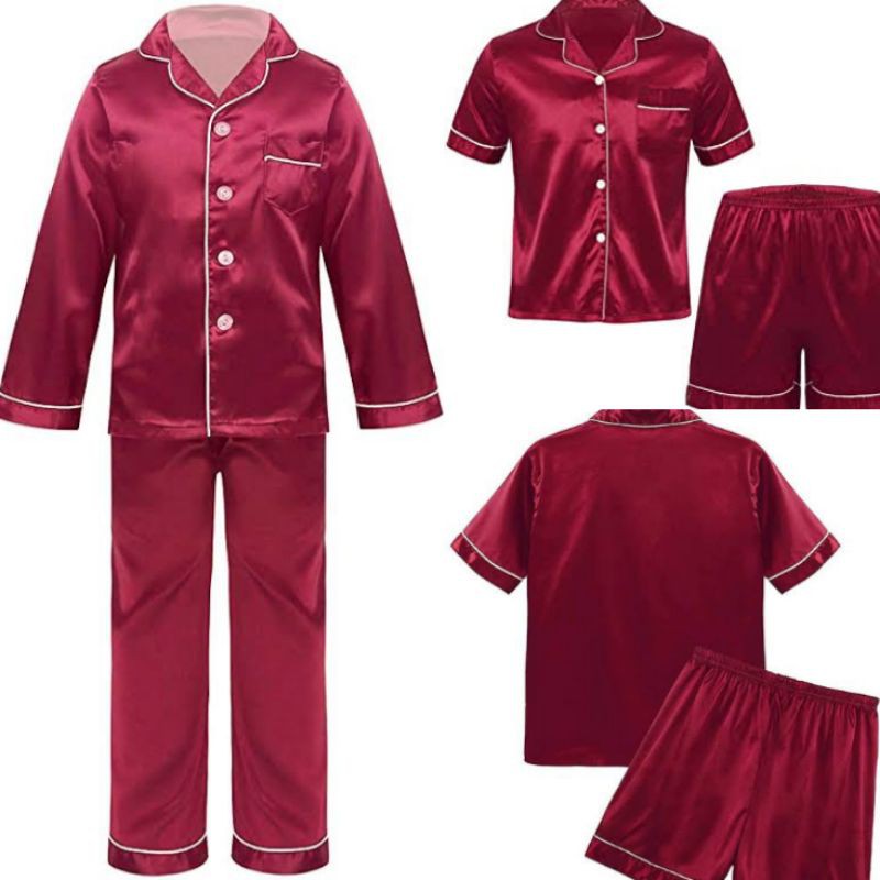 PIYAMA SATIN MAROON COUPLE KELUARGA/ PIYAMA ANAK COUPLE/PIYAMA SATIN POLOS