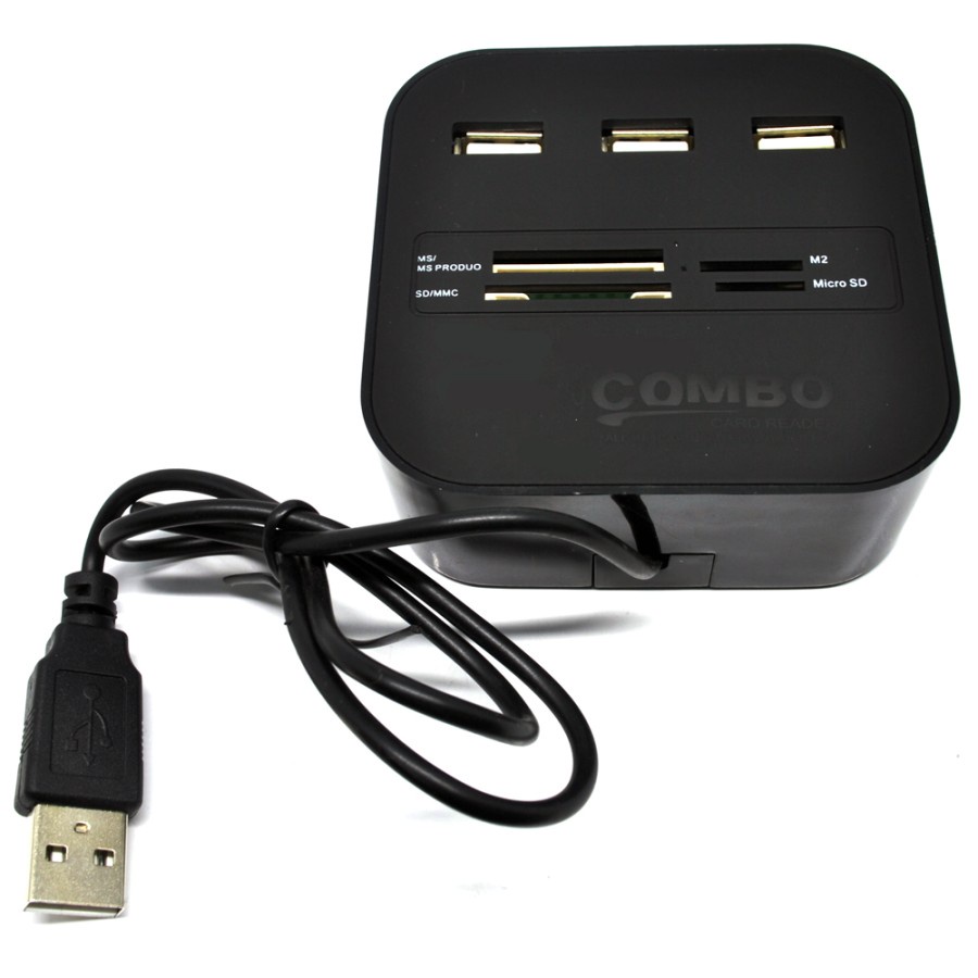 Combo Multi Card Reader + 3 USB HUB 2.0 Splitter - Black