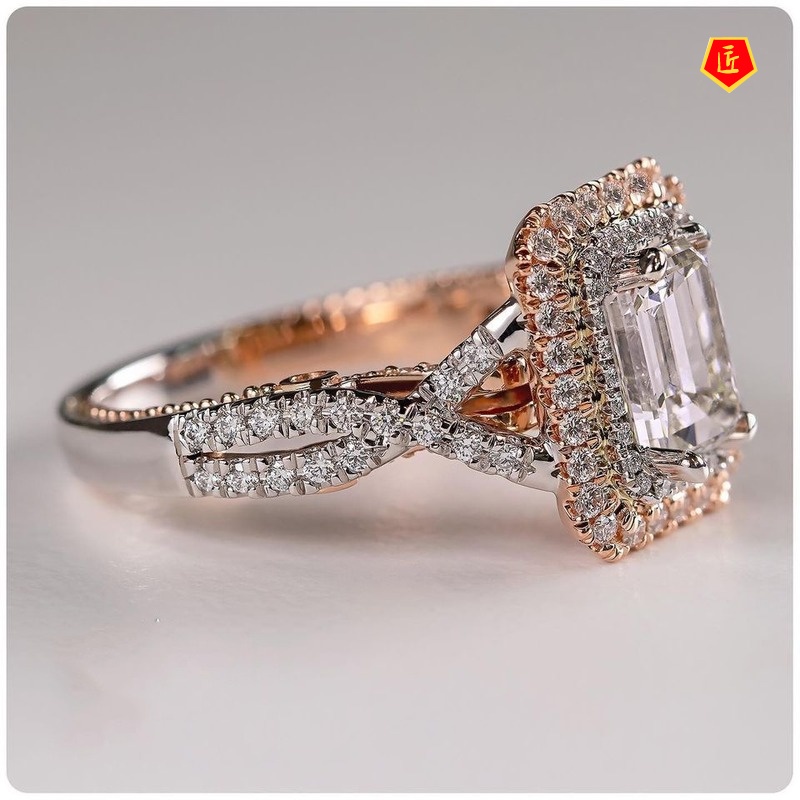 [Ready Stock]14K Rose Gold Two-Tone Square Diamond Ring Fashion Elegant