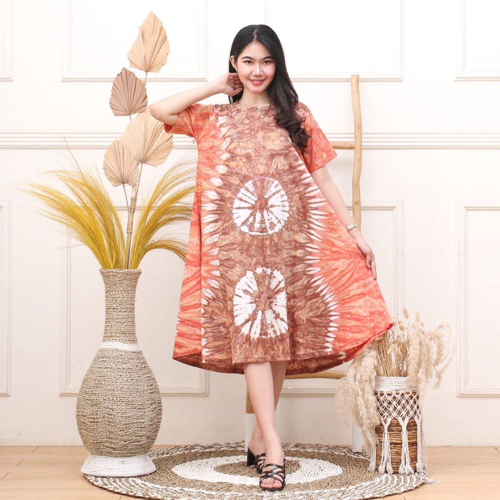 [GROSIR] Daster Kaos Payung Busui Tiedye XXL Jumbo Klok A Busui Resleting-Zip Guci Oren