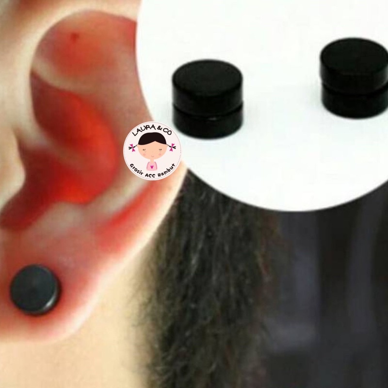 Anting Magnet Bulat Hitam 12pc Grosir Tanpa Lubang BTs