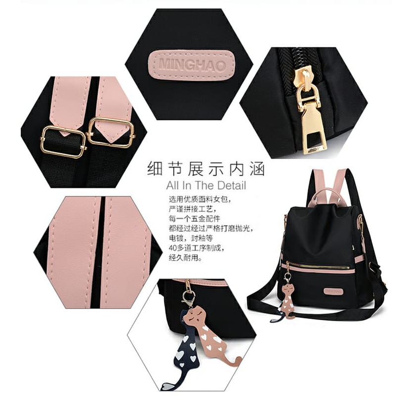 TAS RANSEL ANTI AIR BACKPACK WANITA HITAM PINK MOTIF KUCING KOREA KULIAH SEKOLAH KERJA TA126B5 STEIN