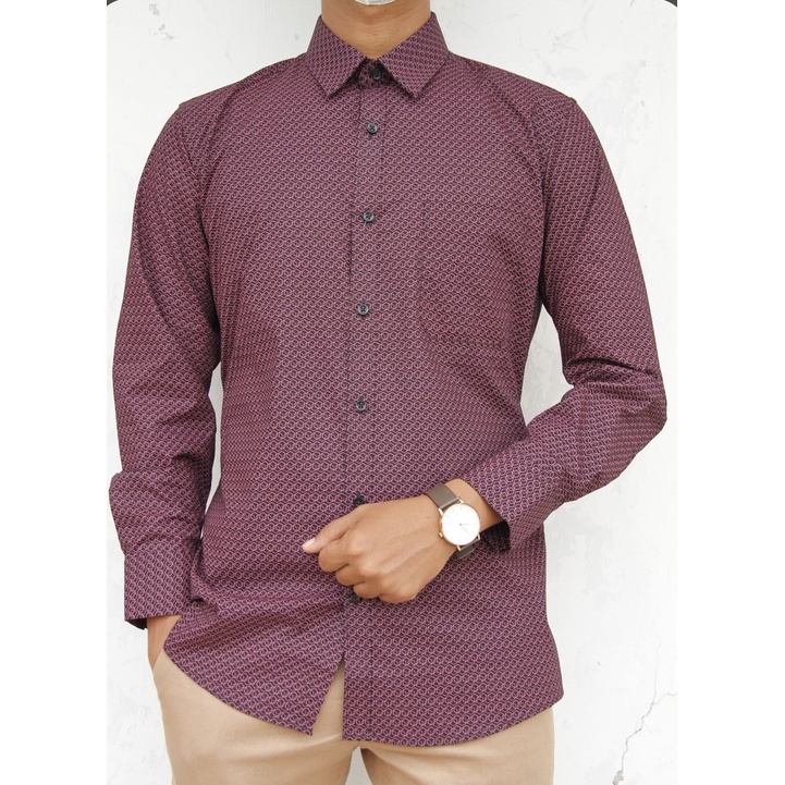 Kemeja Kerja  Formal STANLEY ADAMS Reguler Fit Hitam Motif Merah Maroon Lengan Panjang 04 | Hem Ukuran Big Jumbo Size S M L XL XXL XXXL 2XL 3XL 14.5 15 15.5 16 16.5 17