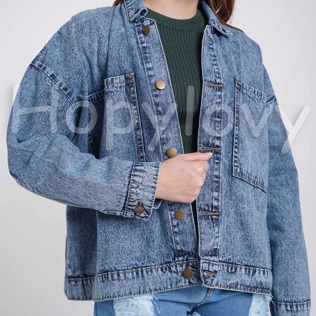 HOPYLOVY Jaket Jeans Wanita Oversize Kantong Besar Snow Acid Malorie