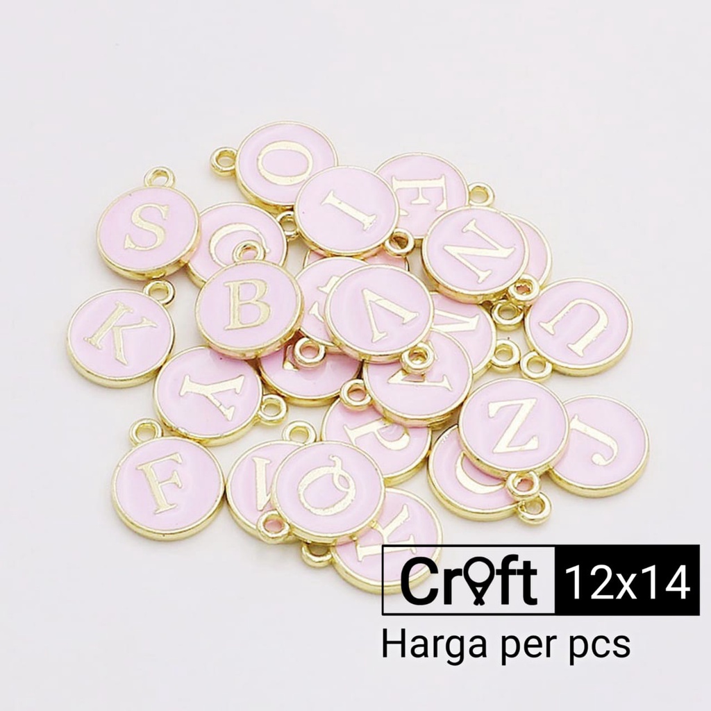 Charm huruf epoxy bandul gelang kalung enamel pink huruf bulat satuan 99Craft