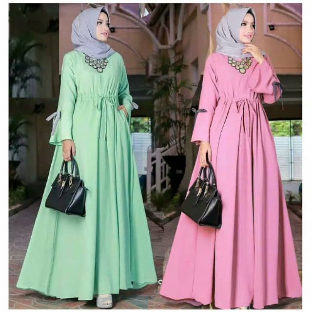 Savla Maxi - Bisa COD Gamis Baju Dress Busui Maxy Kondangan Tali Depan Pinggang Warna Polos Hijau Mi