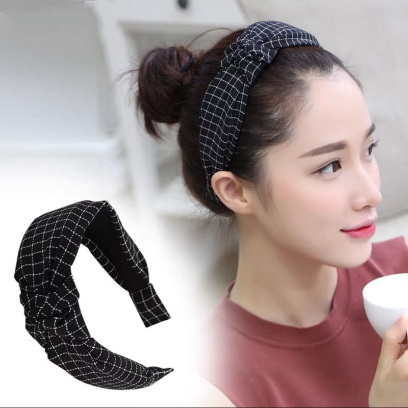 Bando Korea Motif Garis Kotak Brand GC Lebar 4cm Bando Simpul Wanita Bandana Frame Motif Garis Headband