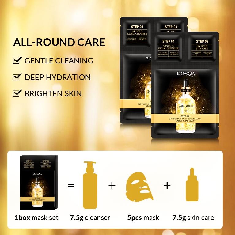 [KODE PRODUK A0FIZ9955] BIOAQUA 24K Gold Facial Mask set (1.5g+28g+1.5g)×5pcs contain facial wash/sh