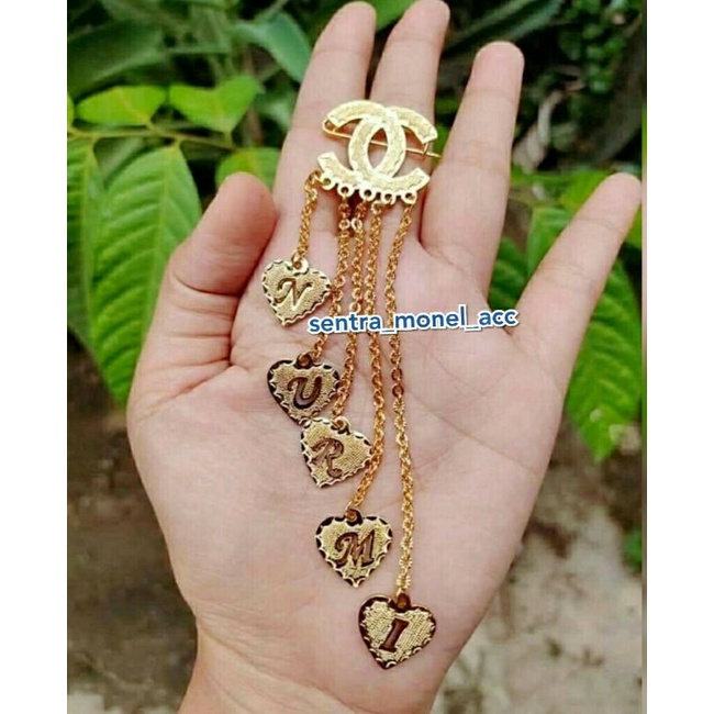 Bros dagu Rumbai / Bros nama Bros juntai / lapis emas asli anti karat / pin / peniti hijab / kerudun